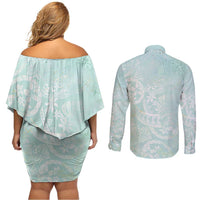 Polynesian Tiare Monstera Seafoam Green Couples Matching Off Shoulder Short Dress and Long Sleeve Button Shirt Liquid Style LT01 - Polynesian Pride