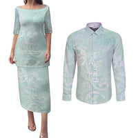Polynesian Tiare Monstera Seafoam Green Couples Matching Puletasi and Long Sleeve Button Shirt Liquid Style LT01 Green - Polynesian Pride