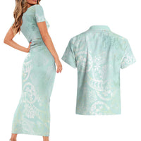 Polynesian Tiare Monstera Seafoam Green Couples Matching Short Sleeve Bodycon Dress and Hawaiian Shirt Liquid Style - Polynesian Pride