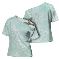 Polynesian Tiare Monstera Seafoam Green Cross Shoulder Shirt Liquid Style LT01 - Polynesian Pride