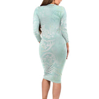 Polynesian Tiare Monstera Seafoam Green Family Matching Long Sleeve Bodycon Dress and Hawaiian Shirt Liquid Style - Polynesian Pride