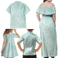 Polynesian Tiare Monstera Seafoam Green Family Matching Off Shoulder Maxi Dress and Hawaiian Shirt Liquid Style - Polynesian Pride