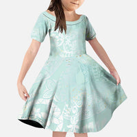 Polynesian Tiare Monstera Seafoam Green Family Matching Puletasi and Hawaiian Shirt Liquid Style LT01 Daughter's Dress Green - Polynesian Pride