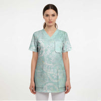 Polynesian Tiare Monstera Seafoam Green Scrub Top Liquid Style LT01 - Polynesian Pride