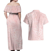 Polynesian Tiare Monstera Soft Pink Couples Matching Off Shoulder Maxi Dress and Hawaiian Shirt Liquid Style - Polynesian Pride