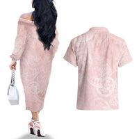 Polynesian Tiare Monstera Soft Pink Couples Matching Off The Shoulder Long Sleeve Dress and Hawaiian Shirt Liquid Style - Polynesian Pride