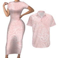 Polynesian Tiare Monstera Soft Pink Couples Matching Short Sleeve Bodycon Dress and Hawaiian Shirt Liquid Style - Polynesian Pride