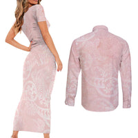Polynesian Tiare Monstera Soft Pink Couples Matching Short Sleeve Bodycon Dress and Long Sleeve Button Shirt Liquid Style LT01 - Polynesian Pride