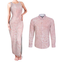 Polynesian Tiare Monstera Soft Pink Couples Matching Tank Maxi Dress and Long Sleeve Button Shirt Liquid Style LT01 Pink - Polynesian Pride