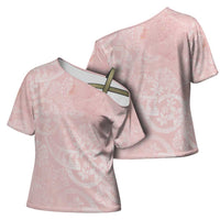 Polynesian Tiare Monstera Soft Pink Cross Shoulder Shirt Liquid Style LT01 - Polynesian Pride