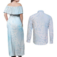 Polynesian Tiare Monstera Baby Blue Couples Matching Off Shoulder Maxi Dress and Long Sleeve Button Shirt Liquid Style LT01 - Polynesian Pride