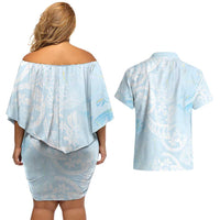 Polynesian Tiare Monstera Baby Blue Couples Matching Off Shoulder Short Dress and Hawaiian Shirt Liquid Style - Polynesian Pride