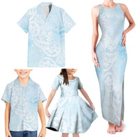 Polynesian Tiare Monstera Baby Blue Family Matching Tank Maxi Dress and Hawaiian Shirt Liquid Style - Polynesian Pride