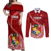 Tonga Rugby Couples Matching Off Shoulder Maxi Dress and Long Sleeve Button Shirts Tongan Ngatu Pattern White Version LT01 Red - Polynesian Pride