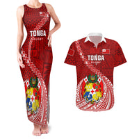 Tonga Rugby Couples Matching Tank Maxi Dress and Hawaiian Shirt Tongan Ngatu Pattern White Version LT01 Red - Polynesian Pride