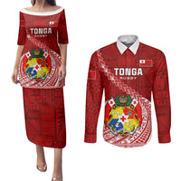 Custom Tonga Rugby Couples Matching Puletasi Dress and Long Sleeve Button Shirts Tongan Ngatu Pattern White Version LT01 Red - Polynesian Pride