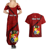 Tonga Rugby Couples Matching Summer Maxi Dress and Hawaiian Shirt Tongan Ngatu Pattern Black Version LT01 - Polynesian Pride