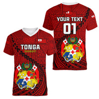 Custom Tonga Rugby Women V Neck T Shirt Tongan Ngatu Pattern Black Version LT01 - Polynesian Pride
