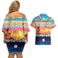 Hawaii Beach Landscape Time-Lapse Couples Matching Off Shoulder Short Dress and Hawaiian Shirt Tropical Plumeria Flowers - Polynesian Pride