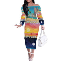 Hawaii Beach Landscape Time-Lapse Family Matching Off The Shoulder Long Sleeve Dress and Hawaiian Shirt Tropical Plumeria Flowers - Polynesian Pride