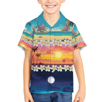 Hawaii Beach Landscape Time-Lapse Family Matching Puletasi and Hawaiian Shirt Tropical Plumeria Flowers - Polynesian Pride