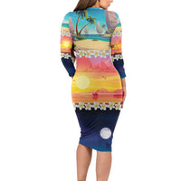 Hawaii Beach Landscape Time-Lapse Long Sleeve Bodycon Dress Tropical Plumeria Flowers - Polynesian Pride