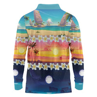 Hawaii Beach Landscape Time-Lapse Long Sleeve Polo Shirt Tropical Plumeria Flowers - Polynesian Pride