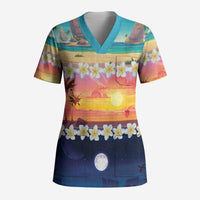 Hawaii Beach Landscape Time-Lapse Scrub Top Tropical Plumeria Flowers - Polynesian Pride