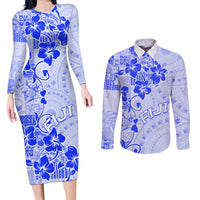 Fiji Masi With Hibiscus Tapa Tribal Couples Matching Long Sleeve Bodycon Dress and Long Sleeve Button Shirt Blue Pastel LT01 Blue - Polynesian Pride