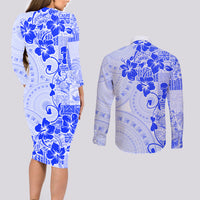 Fiji Masi With Hibiscus Tapa Tribal Couples Matching Long Sleeve Bodycon Dress and Long Sleeve Button Shirt Blue Pastel LT01 - Polynesian Pride