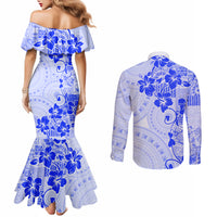 Fiji Masi With Hibiscus Tapa Tribal Couples Matching Mermaid Dress and Long Sleeve Button Shirt Blue Pastel LT01 - Polynesian Pride