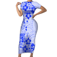 Fiji Masi With Hibiscus Tapa Tribal Family Matching Short Sleeve Bodycon Dress and Hawaiian Shirt Blue Pastel LT01 Mom's Dress Blue - Polynesian Pride