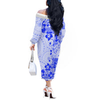 Fiji Masi With Hibiscus Tapa Tribal Off The Shoulder Long Sleeve Dress Blue Pastel LT01 - Polynesian Pride