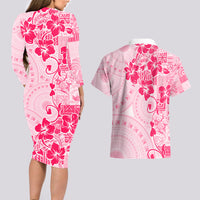 Fiji Masi With Hibiscus Tapa Tribal Couples Matching Long Sleeve Bodycon Dress and Hawaiian Shirt Pink Pastel LT01 - Polynesian Pride