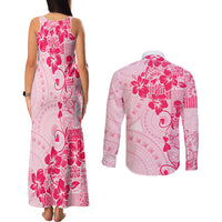 Fiji Masi With Hibiscus Tapa Tribal Couples Matching Tank Maxi Dress and Long Sleeve Button Shirt Pink Pastel LT01 - Polynesian Pride