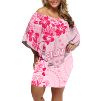 Fiji Masi With Hibiscus Tapa Tribal Family Matching Off Shoulder Short Dress and Hawaiian Shirt Pink Pastel LT01 Mom's Dress Pink - Polynesian Pride