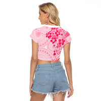 Fiji Masi With Hibiscus Tapa Tribal Raglan Cropped T Shirt Pink Pastel LT01 - Polynesian Pride