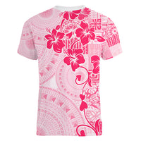 Fiji Masi With Hibiscus Tapa Tribal Women V Neck T Shirt Pink Pastel LT01 - Polynesian Pride