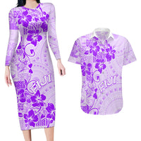 Fiji Masi With Hibiscus Tapa Tribal Couples Matching Long Sleeve Bodycon Dress and Hawaiian Shirt Purple Pastel LT01 Purple - Polynesian Pride