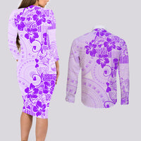 Fiji Masi With Hibiscus Tapa Tribal Couples Matching Long Sleeve Bodycon Dress and Long Sleeve Button Shirt Purple Pastel LT01 - Polynesian Pride