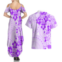 Fiji Masi With Hibiscus Tapa Tribal Couples Matching Summer Maxi Dress and Hawaiian Shirt Purple Pastel LT01 - Polynesian Pride