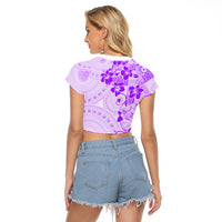 Fiji Masi With Hibiscus Tapa Tribal Raglan Cropped T Shirt Purple Pastel LT01 - Polynesian Pride
