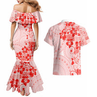 Fiji Masi With Hibiscus Tapa Tribal Couples Matching Mermaid Dress and Hawaiian Shirt Red Pastel LT01 - Polynesian Pride