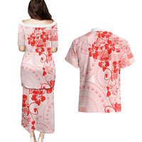 Fiji Masi With Hibiscus Tapa Tribal Couples Matching Puletasi Dress and Hawaiian Shirt Red Pastel LT01 - Polynesian Pride