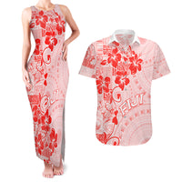 Fiji Masi With Hibiscus Tapa Tribal Couples Matching Tank Maxi Dress and Hawaiian Shirt Red Pastel LT01 Red - Polynesian Pride