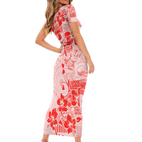 Fiji Masi With Hibiscus Tapa Tribal Family Matching Short Sleeve Bodycon Dress and Hawaiian Shirt Red Pastel LT01 - Polynesian Pride