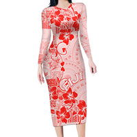 Fiji Masi With Hibiscus Tapa Tribal Long Sleeve Bodycon Dress Red Pastel LT01 Long Dress Red - Polynesian Pride