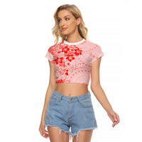 Fiji Masi With Hibiscus Tapa Tribal Raglan Cropped T Shirt Red Pastel LT01 Female Red - Polynesian Pride
