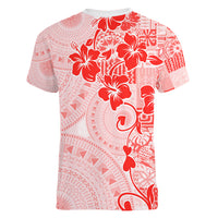 Fiji Masi With Hibiscus Tapa Tribal Women V Neck T Shirt Red Pastel LT01 - Polynesian Pride