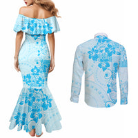 Fiji Masi With Hibiscus Tapa Tribal Couples Matching Mermaid Dress and Long Sleeve Button Shirt Sky Blue Pastel LT01 - Polynesian Pride